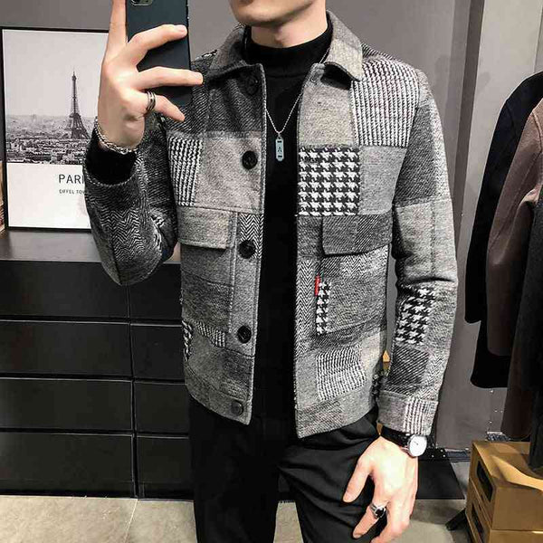 Fashion plaid stitching contrast jacket woolen jacket - Kng inc. ®