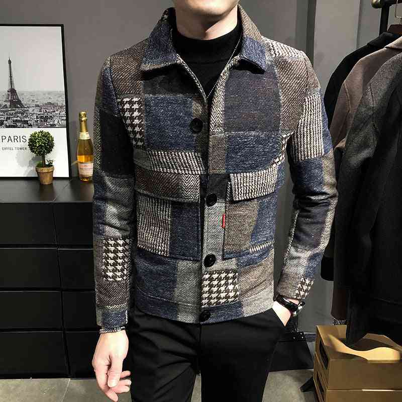 Fashion plaid stitching contrast jacket woolen jacket - Kng inc. ®
