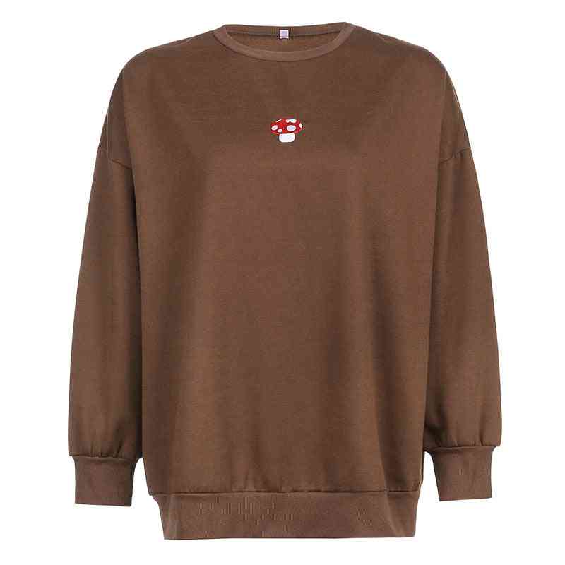 New women's European and American style retro brown mushroom embroidery loose round neck sweater women's casual pullover top - Kng inc. ®