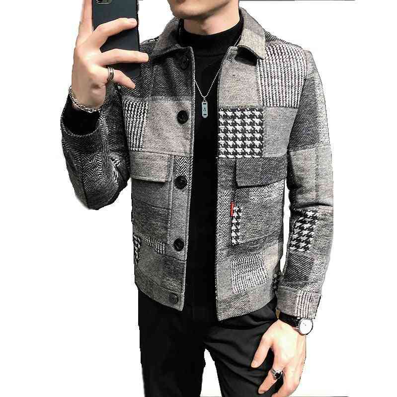 Fashion plaid stitching contrast jacket woolen jacket - Kng inc. ®
