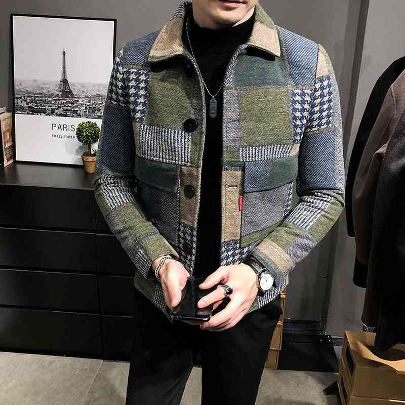 Fashion plaid stitching contrast jacket woolen jacket - Kng inc. ®
