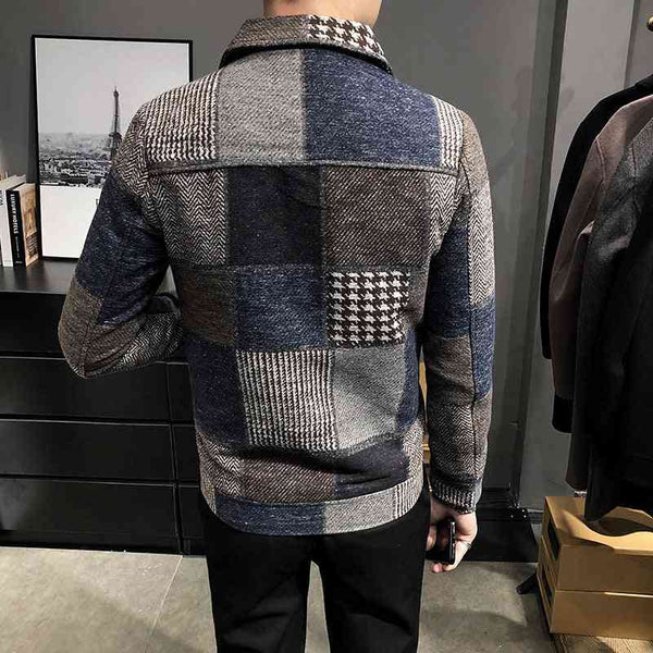 Fashion plaid stitching contrast jacket woolen jacket - Kng inc. ®