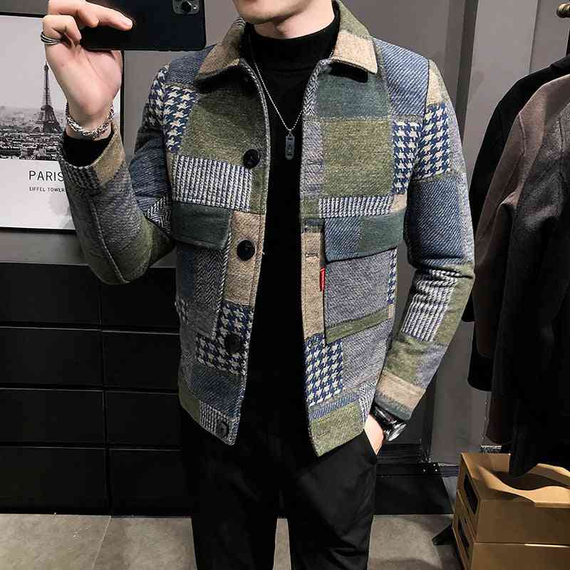 Fashion plaid stitching contrast jacket woolen jacket - Kng inc. ®