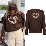 New women's European and American style retro brown mushroom embroidery loose round neck sweater women's casual pullover top - Kng inc. ®